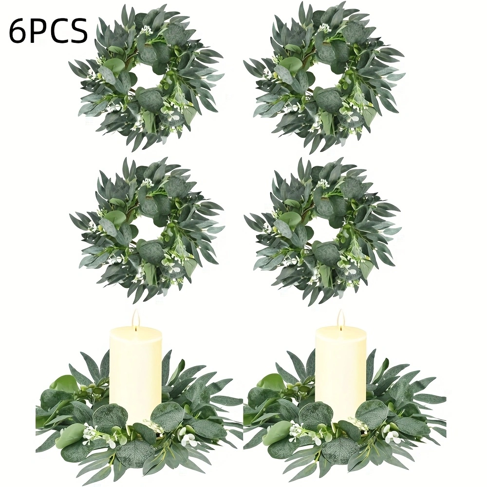 Boho Decorative Eucalyptus Candle Rings — Set of 6