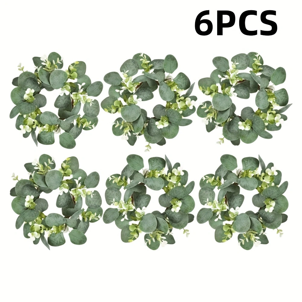 6 Eucalyptus Leaf Cabinet & Candle Wreaths — Christmas Tabletop Decoration