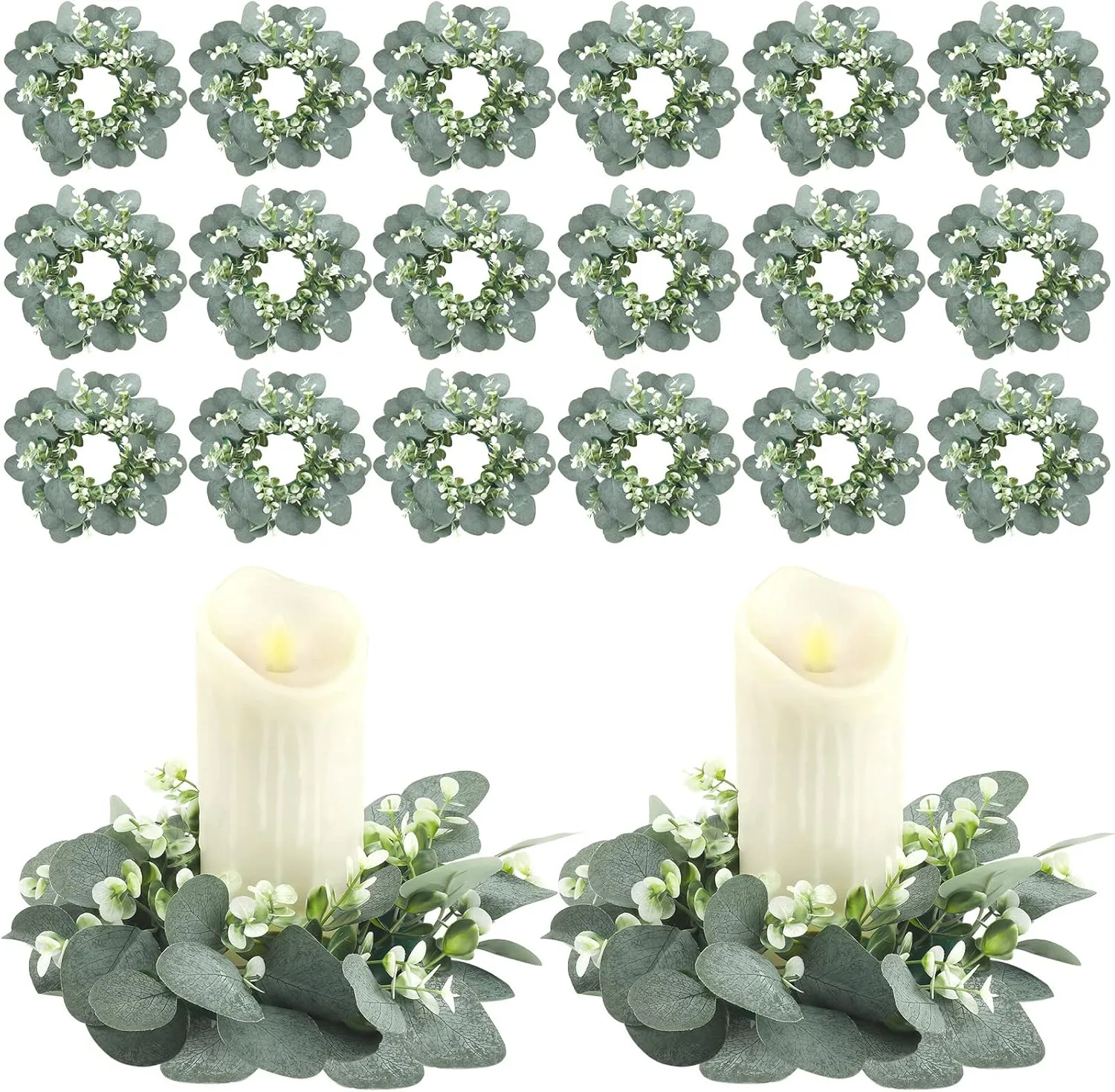 20Pcs Eucalyptus Candle Rings — Green Round Wreaths for Pillar Candles