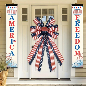 Large July 4th Patriotic Wreath Bow — Red & Blue American Flag Star Bow