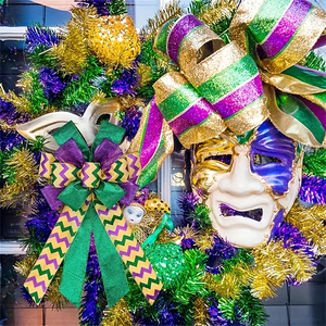 2pcs Large Mardi Gras Wreath Bow — Purple Green Glitter Carnival Bows