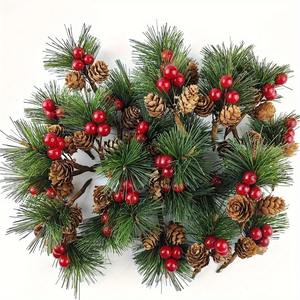 Artificial Pine Picks with Red Berries & Pinecones — 24pcs