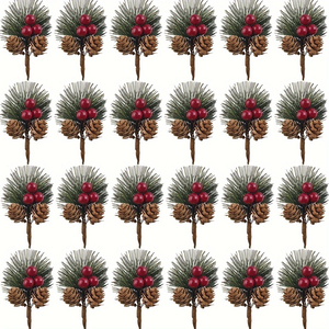 Artificial Pine Picks with Red Berries & Pinecones — 24pcs