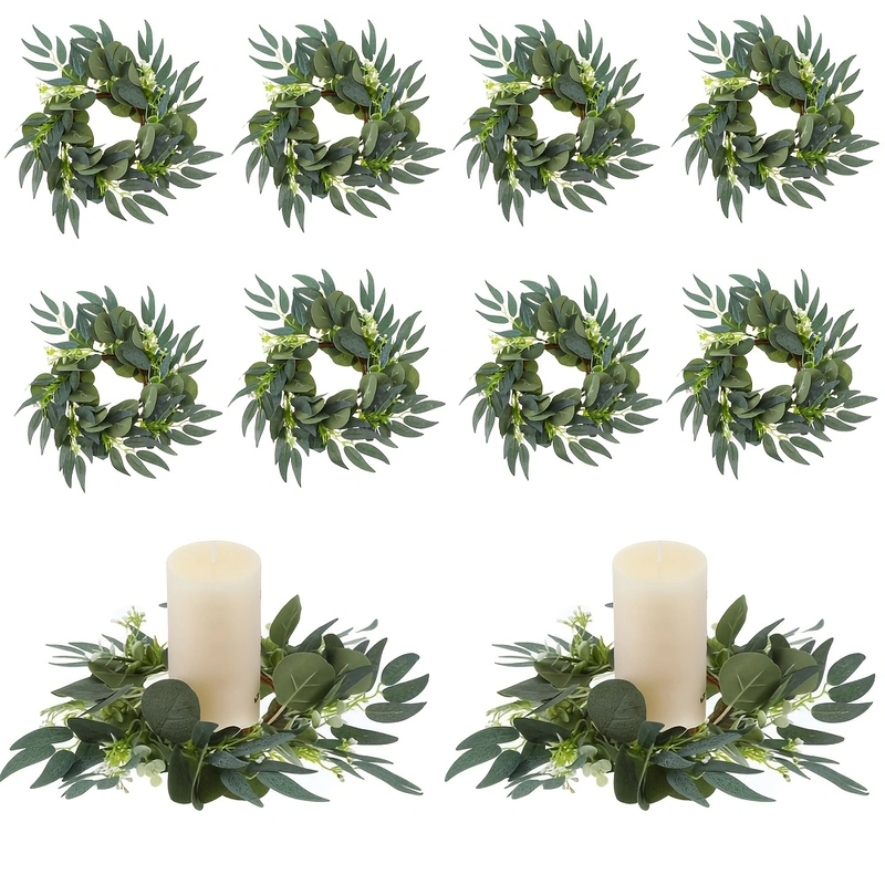 Boho Eucalyptus Candle Rings — Set of 10