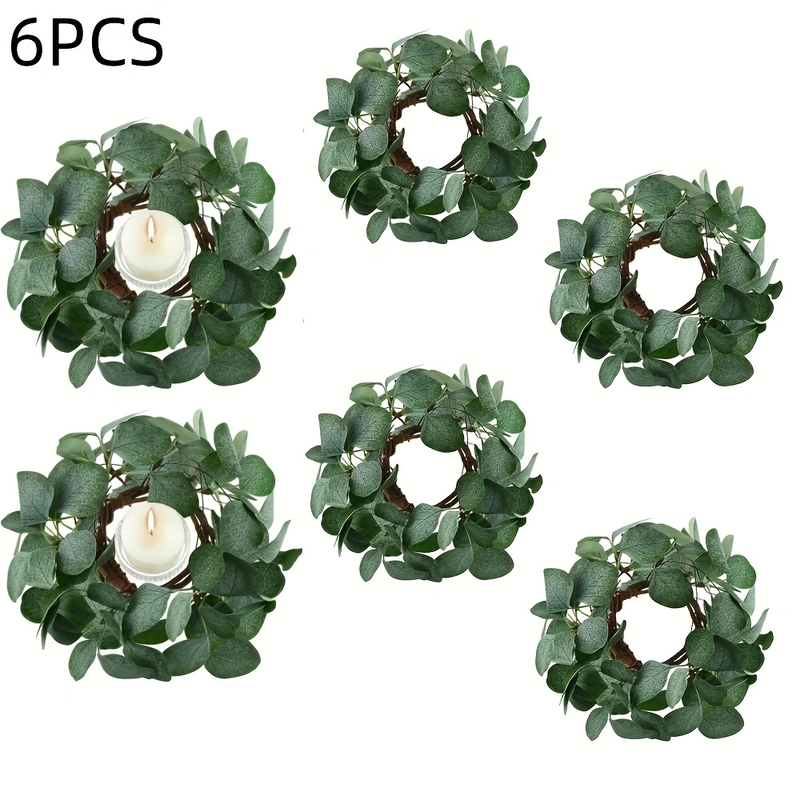 Decorative Eucalyptus Candle Rings — Set of 6