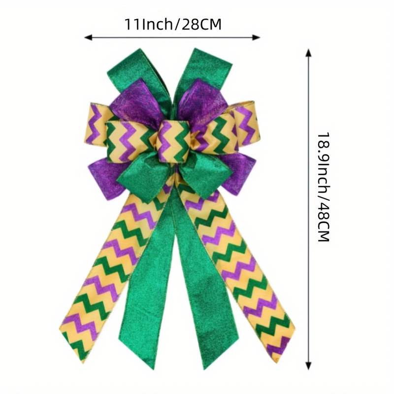 2pcs Large Mardi Gras Wreath Bow — Purple Green Glitter Carnival Bows - Preview