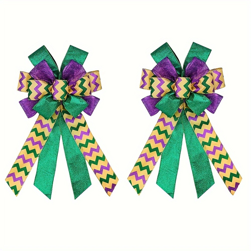 2pcs Large Mardi Gras Wreath Bow — Purple Green Glitter Carnival Bows