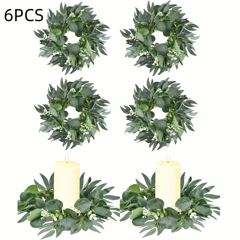 Boho Decorative Eucalyptus Candle Rings — Set of 6