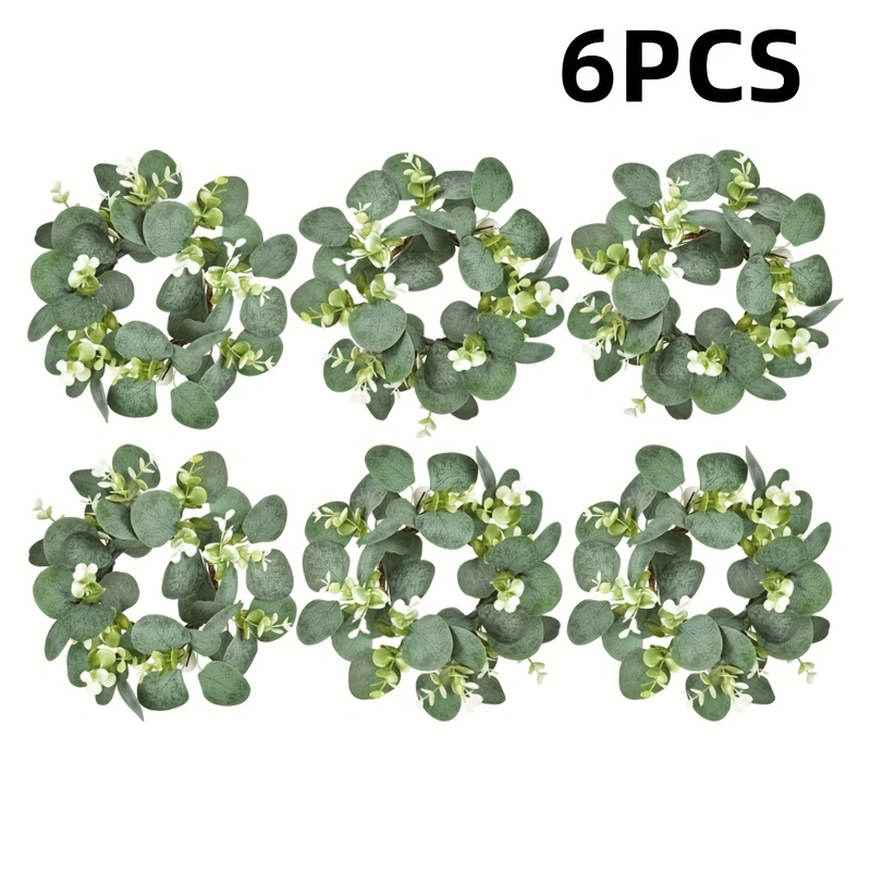 6 Eucalyptus Leaf Cabinet & Candle Wreaths — Christmas Tabletop Decoration