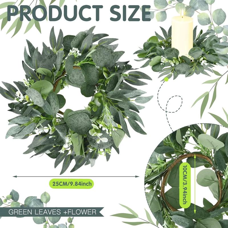 20Pcs Wedding Candle Rings — Eucalyptus Leaves Boho Wreath for Pillar Candles - Preview