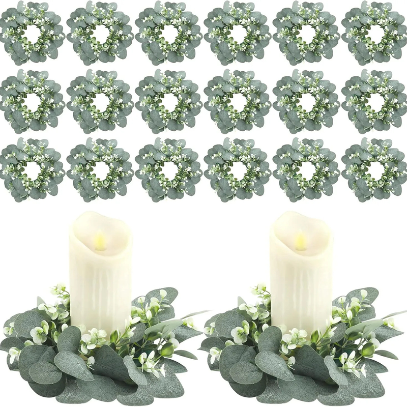 20Pcs Eucalyptus Candle Rings — Green Round Wreaths for Pillar Candles
