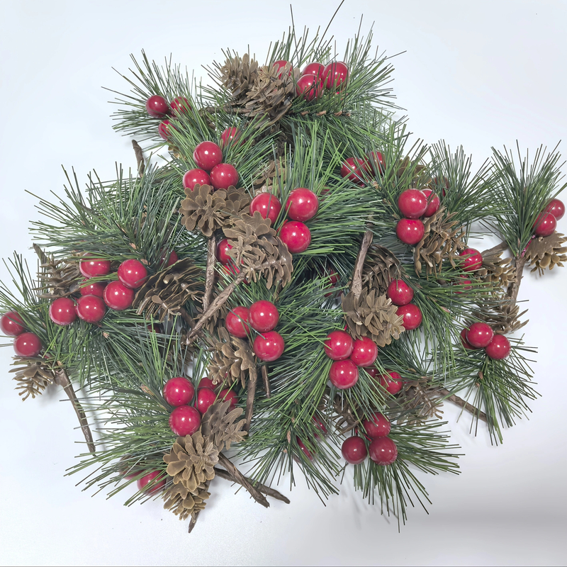 Artificial Pine Picks with Red Berries & Pinecones — 24pcs