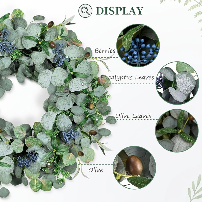 20" Handmade Eucalyptus & Olive Leaf Wreath with Berries - Preview