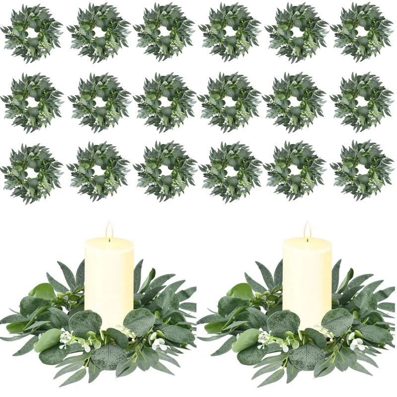 20Pcs Wedding Candle Rings — Eucalyptus Leaves Boho Wreath for Pillar Candles