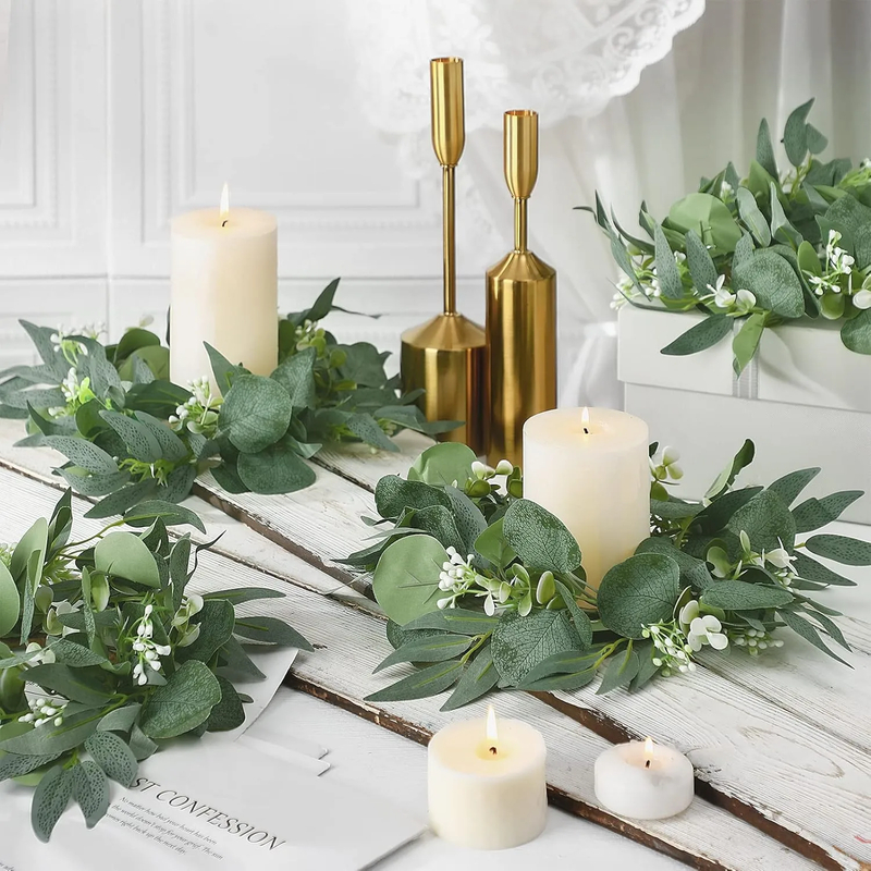 20Pcs Wedding Candle Rings — Eucalyptus Leaves Boho Wreath for Pillar Candles