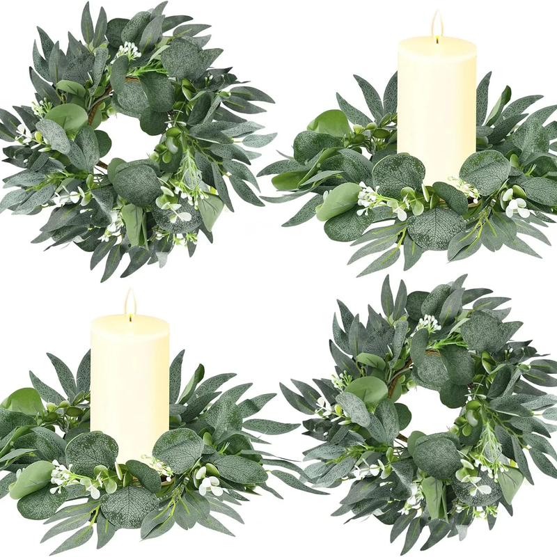 20Pcs Wedding Candle Rings — Eucalyptus Leaves Boho Wreath for Pillar Candles