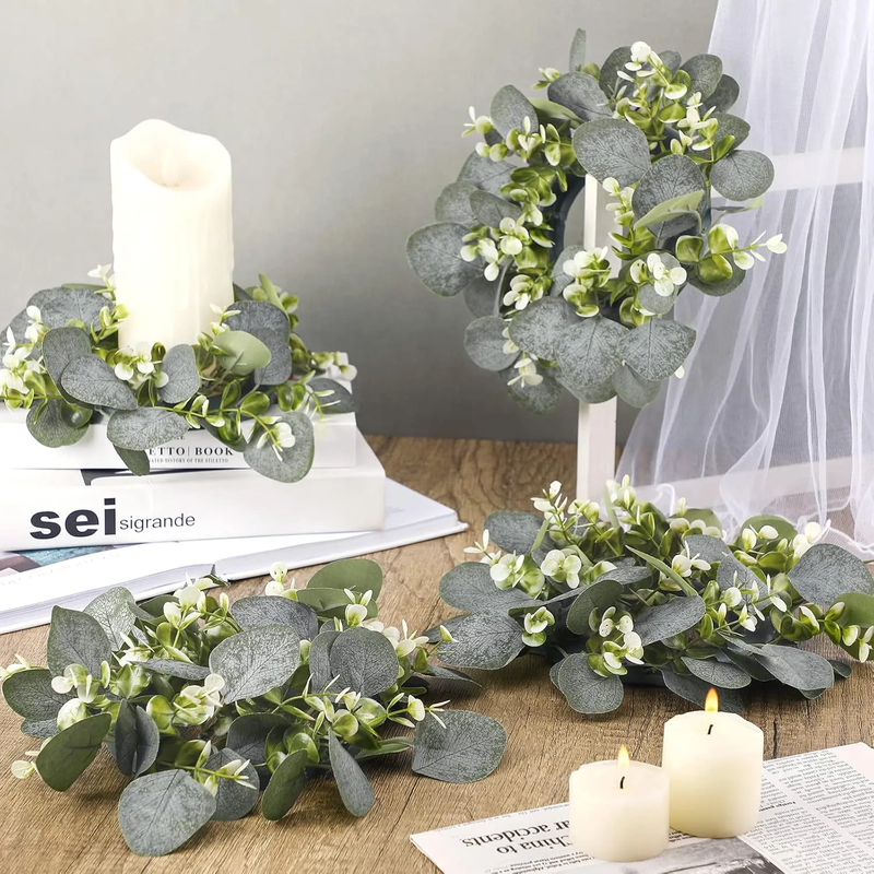 20Pcs Eucalyptus Candle Rings — Green Round Wreaths for Pillar Candles
