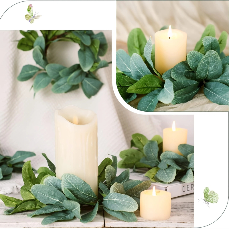 6Pcs Wedding Eucalyptus Candle Rings — Spring Summer Boho Tabletop Wreaths