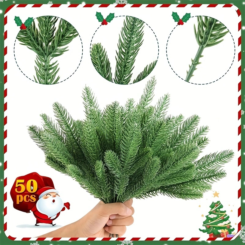 50pcs Artificial Pine Branches — Green Pine Needles for Wreaths & Garland
